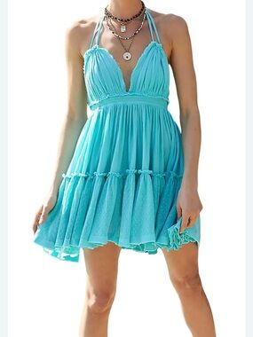 Free People Teal Halter Tiered Mini Dress